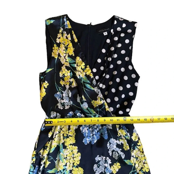 Slate & Willow Yellow Mixed-Media Floral Polka Dot Faux-Wrap Sheath V-neck 12 - Picture 6 of 16